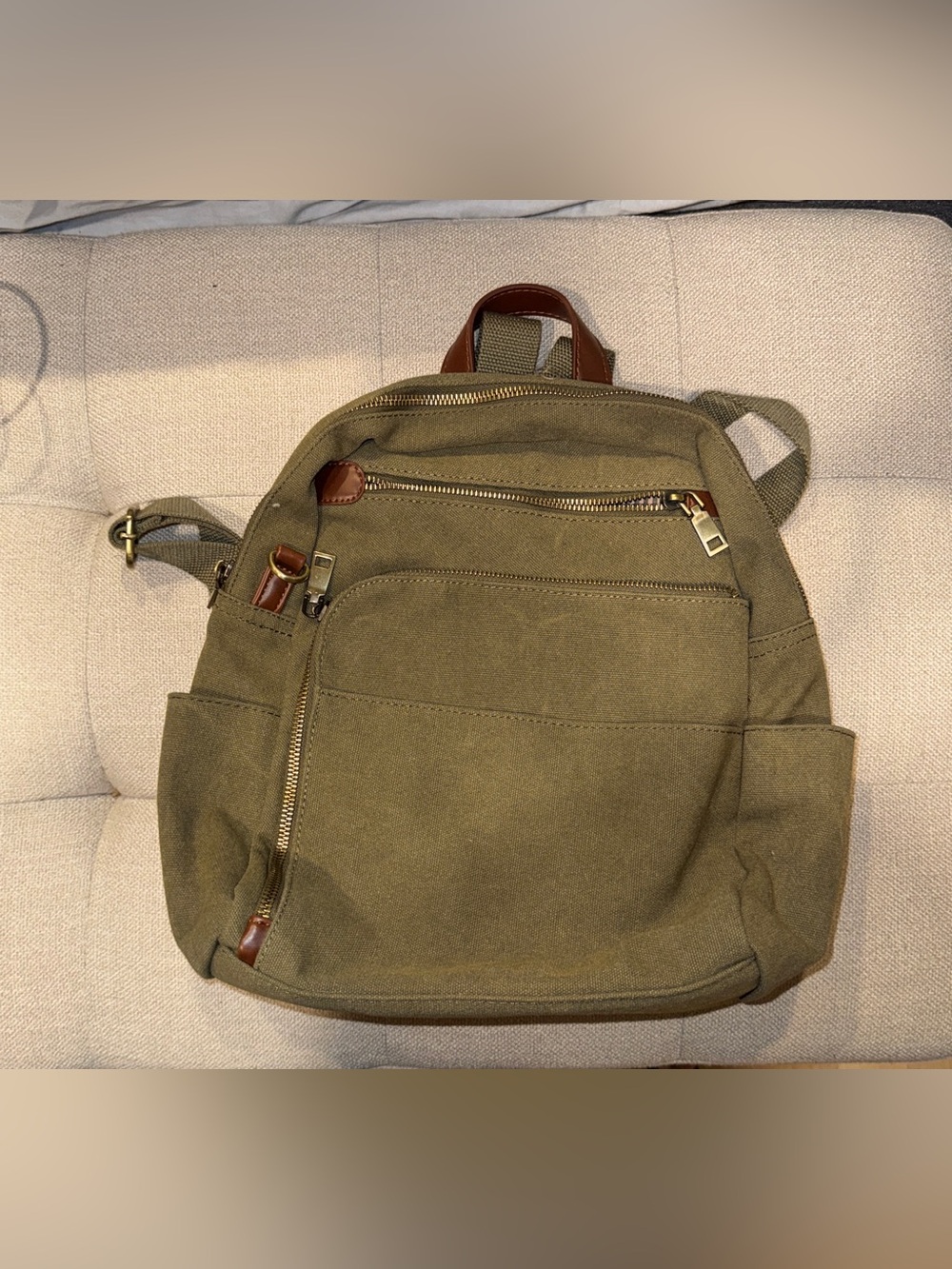 Olive Canvas Backpack with Leather Trim